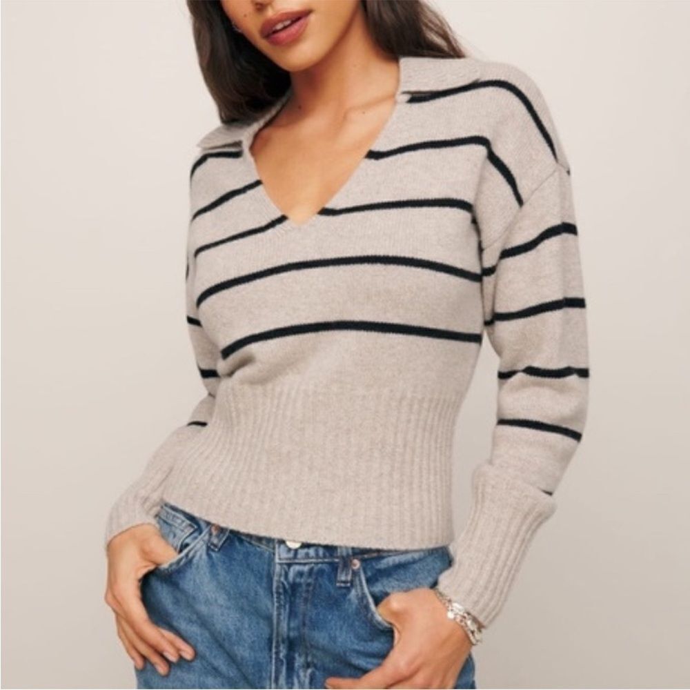Reformation Cream and Black Striped V-Neck Sweater